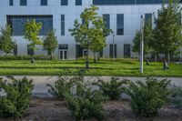 a city street surrounded by grass and tall buildings at the end of a street there is a paved pathway in front of the building