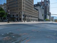 the green paint is painted on a bike path in front of an office building and large, trees