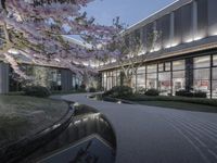 large office building with cherry tree in front of the front entrance at night with lights reflecting off