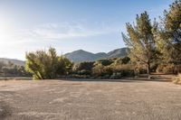 empty parking lot and trees in the desert field with mountain in background with sunlight flares on it