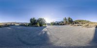 a panoramic view of a road and trees with the sun setting in the distance