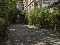 the cobblestones in the courtyard of this old building are lined with trees and bushes