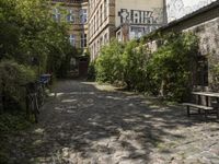 the cobblestones in the courtyard of this old building are lined with trees and bushes