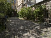 the cobblestones in the courtyard of this old building are lined with trees and bushes