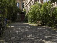 the cobblestones in the courtyard of this old building are lined with trees and bushes