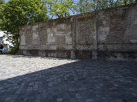 an image of the cobblestone stone street outside an old building wall with lots of leaves