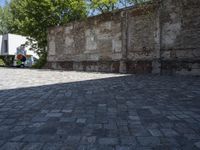 an image of the cobblestone stone street outside an old building wall with lots of leaves