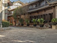 a old chinese street is full of potted plants and bikes on the cobblestones