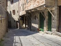 old street with stone floors and a green door and windows in an italian village back alley