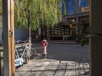 a small, old fashioned fire hydrant in the foreground by a building with books and bicycles parked in it