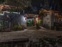 an outdoor area with some plants and lights in the night sky, and several lanterns that are hanging