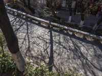 the shadow of an orange fire hydrant on a sidewalk and a wooden fenced in area