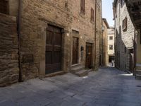 an old village alley with stone buildings, palm trees and flower potted plants outside