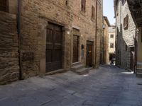 an old village alley with stone buildings, palm trees and flower potted plants outside