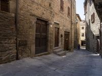 an old village alley with stone buildings, palm trees and flower potted plants outside