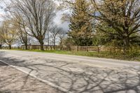 an asphalt road with several trees along side it on a sunny day in spring time