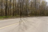 a motorcycle sits parked next to a road next to many trees and shrubs on both sides