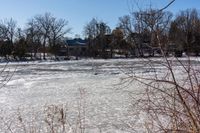 a frozen body of water with lots of trees around it and blue skies in the background