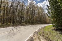 an empty road surrounded by trees on either side of the road or in front of a forest