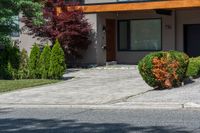 a home on the street with driveway, bushes and a fire hydrant in front