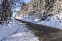 a small road is blocked by snow while a forest of trees and shrubbery surround the road