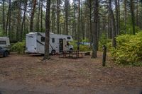 a couple of vehicles are parked near a camper trailer in a forest area with picnic tables and two caravans