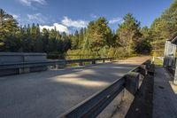 benches along a cement road near a lake, pine trees, and a building in the background