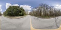 multiple angle photos of trees in the background from a panoramic view of an empty road