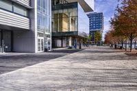 a cobblestone sidewalk is in front of a modern office building with glass windows and bales