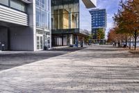 a cobblestone sidewalk is in front of a modern office building with glass windows and bales