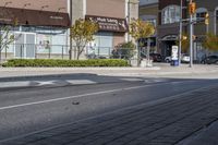 a woman on a bike is waiting to cross the street at an intersection, in front of stores