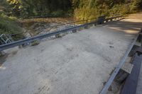 a road with the railing in front of it and water flowing in the background of trees