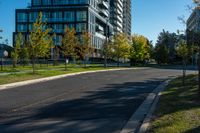 a city street lined with tall buildings on the sides of it and green grass on both side