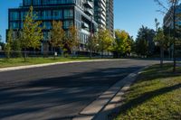 a city street lined with tall buildings on the sides of it and green grass on both side