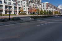 the tall buildings are surrounded by greenery on this residential street side lined with apartment buildings