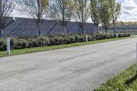 a large parking lot with lots of trees around it and a sidewalk in front of the building