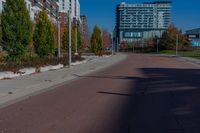 a long paved road in between buildings with trees on both sides of the road and a green field on the opposite side