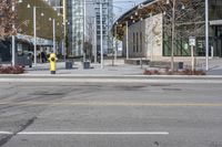 yellow fire hydrant in the middle of a city road surrounded by tall buildings with windows