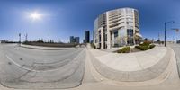 two different pictures with buildings and a road in the background in a 360 - view lens