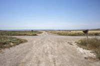 an open gravel road with a sign next to it and some grass in the field