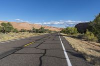 a very long open road lined with trees and shrubs with a mountain in the background