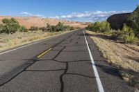 a very long open road lined with trees and shrubs with a mountain in the background