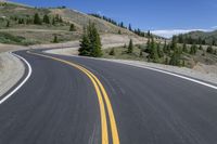 the open road with yellow stripe on the edge is surrounded by trees and snow capped mountains