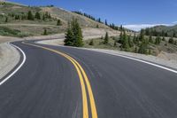 the open road with yellow stripe on the edge is surrounded by trees and snow capped mountains