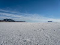 the sky is very blue and white as a snow covered desert plain is visible under a bright, clear sky