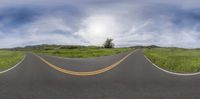 a wide angle lens picture shows an empty road and grass in front of the camera