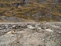 there is a sandy beach with rocks and rocks in the foreground and a large mountain covered in low cloud