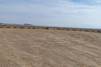 a brown grass field with trees on the far side and desert and hills in the distance