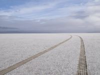 two tires are visible in this large open plain in front of clouds, with mountains in the distance