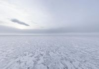 an ocean is filled with clear ice floes with large mountains in the distance under a cloudy sky